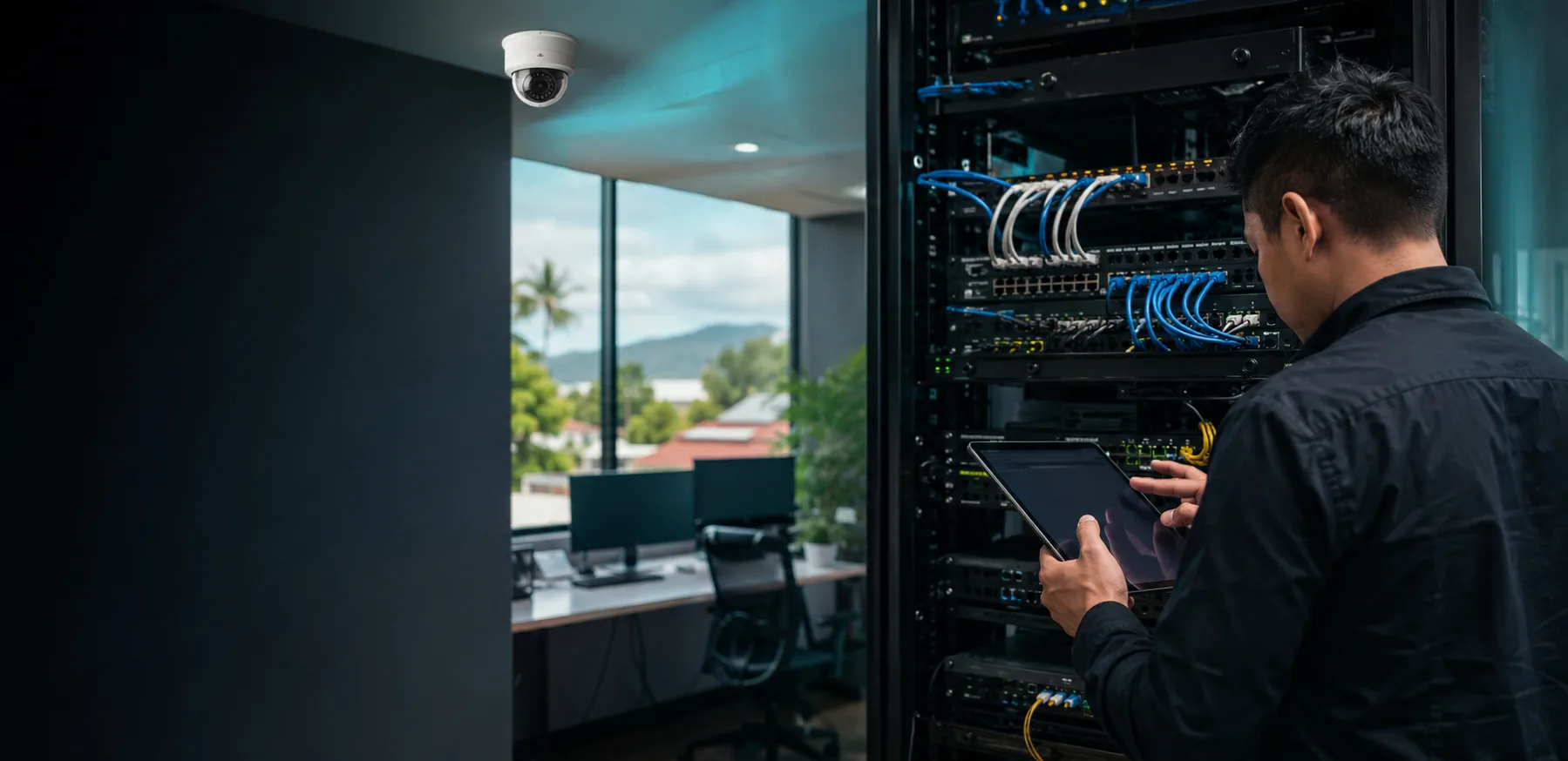 Technician checking office network equipment